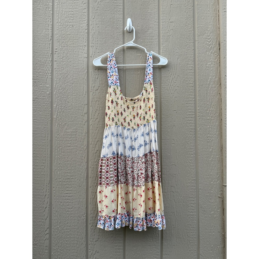 Paani Size S Mini Dress Boho Floral Patchwork Rayon Smocked Bodice Pockets